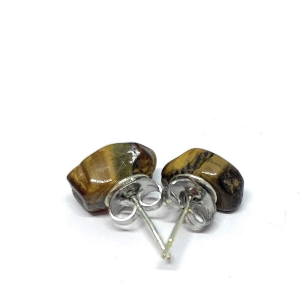 New Handmade Raw Natural Tumbled Tiger Eye 925 Sterling Silver Stud Earrings - Picture 8 of 12